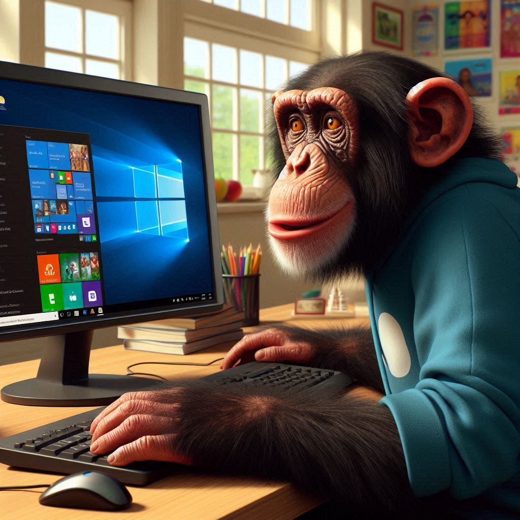 Chimp seated at computer on desk