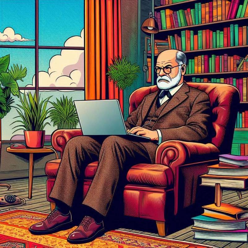 Comic-style illustration of Sigmund Freud sitting in a leather armchair while using a laptop computer"