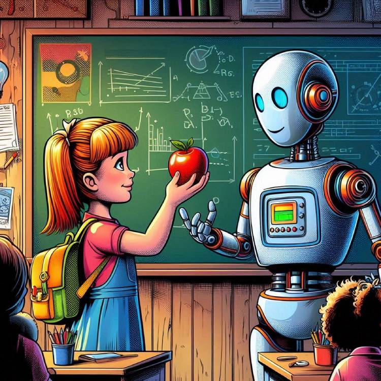 Illustration of little girl giving an apple to a robot teacher"